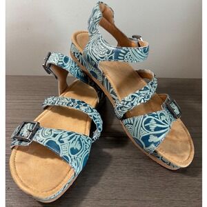 Brioso Solero Moroccan Blue Floral Tooled Leather Bohemian Sandals Size 10M